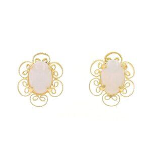 Yellow Gold Australian Opal Stud Earrings - 14k Oval Cab .60ctw Floral Pierced